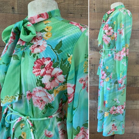 Vintage 1970’s Boho Hippie Green Floral 2 Piece Tunic Top Skirt Set Size M - Picture 3 of 10